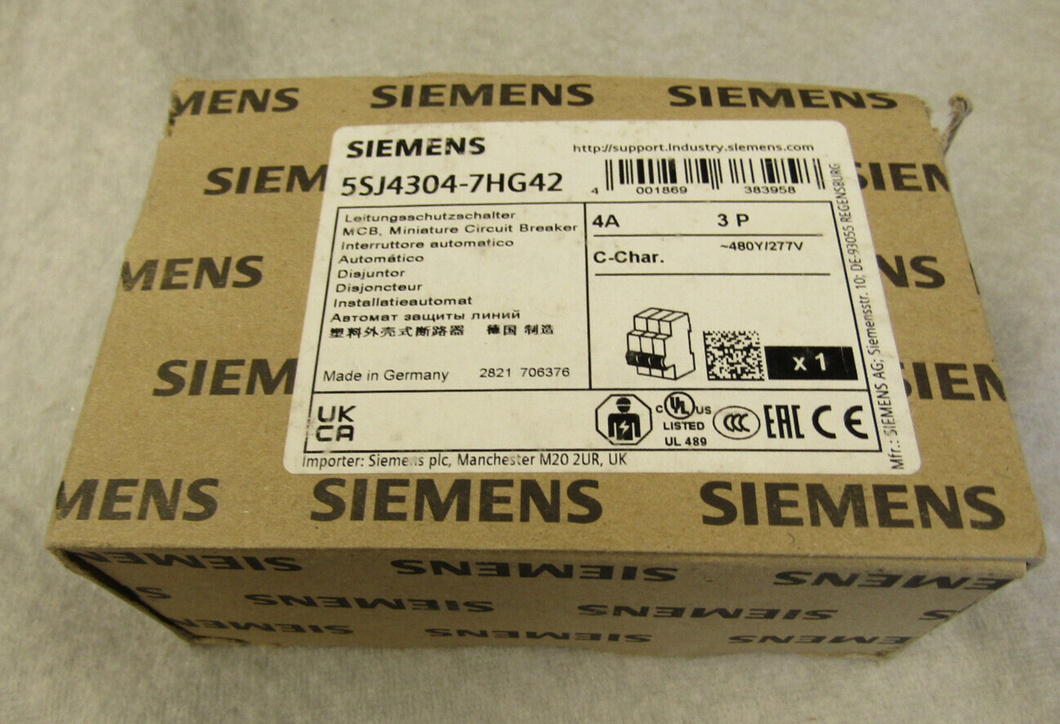 Siemens 5SJ4304-7HG42 Minature Circuit Breaker 4A 3P C-Char