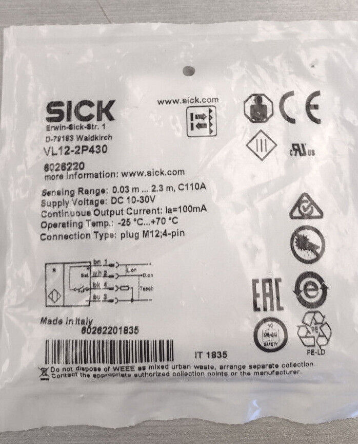 Sick VL12-2P430 Photoelectric Sensor Head Retro-reflective