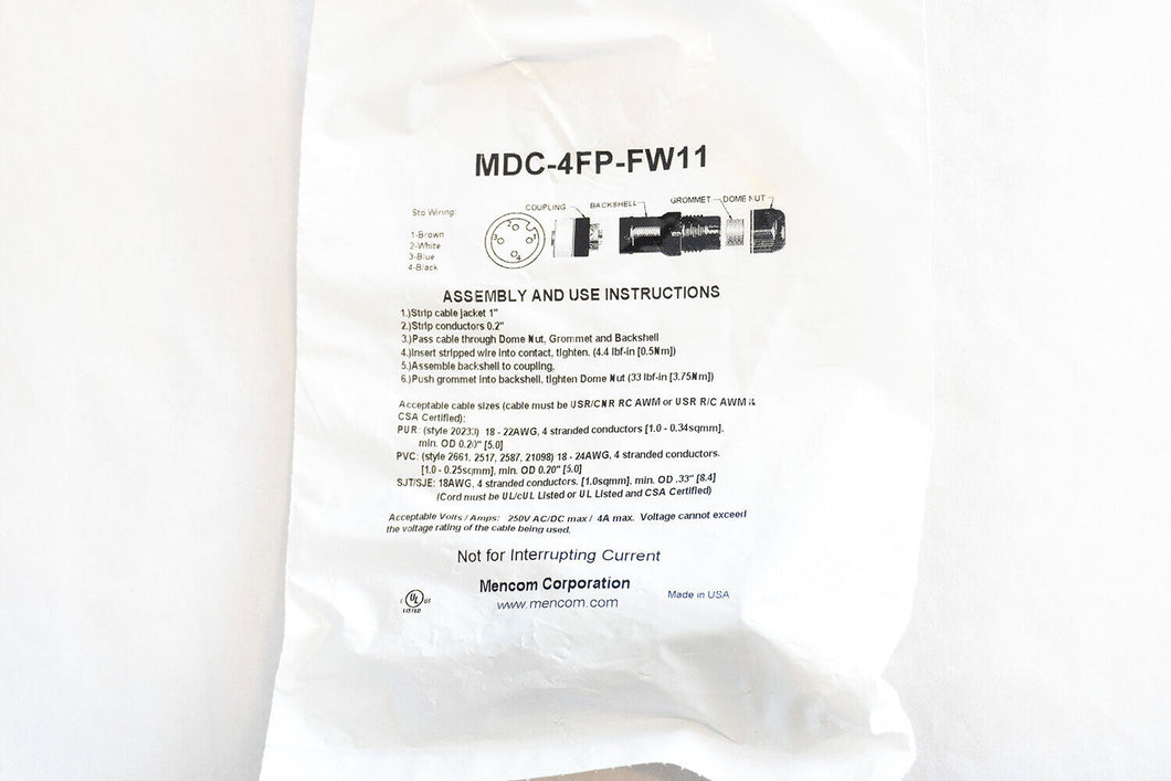 MENCOM MDC-4FP-FW11 MICRO DC (M12) FEMALE STRAIGHT FIELD WIREABLE PLUG, 4 PIN