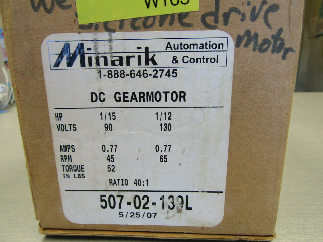 Minarik 507-02-139L DC Gearmotor 40:1, 130V, 1/12hp, 65 RPM, 26-999-2804-015