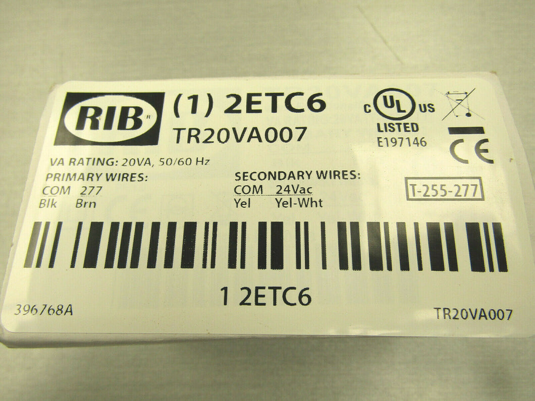 RIB 2ETC6 Voltage Transformer TR20VA007 Prim: 277 20VA 50/60 Hz Sec: 24 VAC