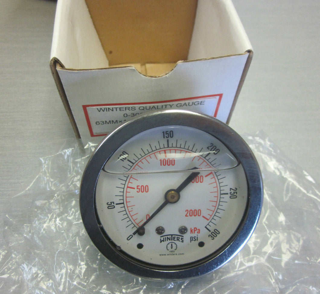 Winters pressure gauge 10-300 PSI liquid filled 63MM 1/4