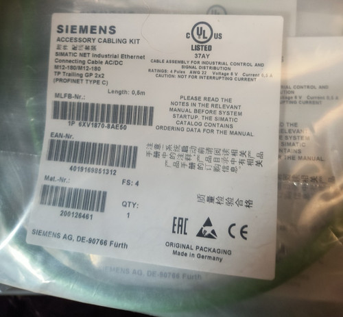 Siemens 6XV1870-8AE50 Industrial Etherent Cable Profinet Type C 0.5m M12