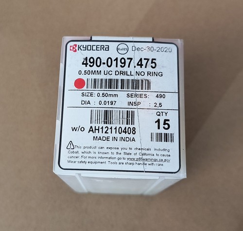 15 pcs. Kyocera 490-0197.475 0.5MM UC Drill 0.0197" PCB Carbide